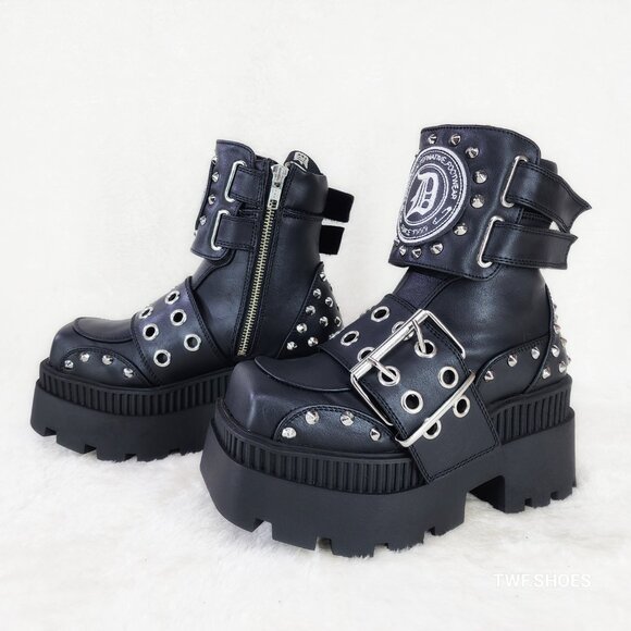 Wicked Wrath 58 Square Toe Goth Lace Up Big Buckle Strap Ankle Boots - Picture 9 of 13